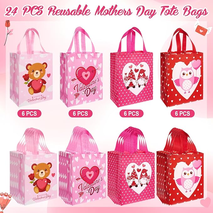 Wesnoy 24 Pcs Valentine's Day Gift Tote Bags Bulk Reusable Non Woven Gift Wrap Cute Treat Goodie Bags with Handle for Valentine's Day Wedding Birthday Party Favor Supplies