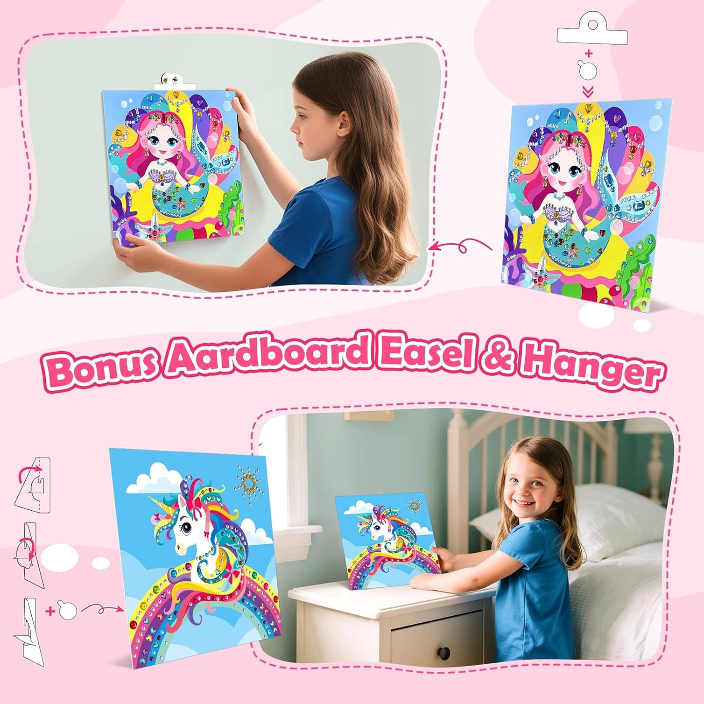 Gem Art Sticker Kit, Arts and Crafts for Kids Age 4-12, 8 Unicorn Princess Themes Diamond Art Kit, Gemstone Sticker Crafts Christmas Birthday Gifts for Girls Ages 4,5,6,7,8 Year Old (Pink-Unicorn)
