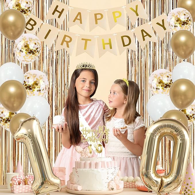 Trgowaul 10th Birthday Decorations for Girls, Banner, Sash and Crown, Cake Topper, 10 Number Balloon, Fringe Curtains, Champagne Gold 10th Birthday Party Supplies