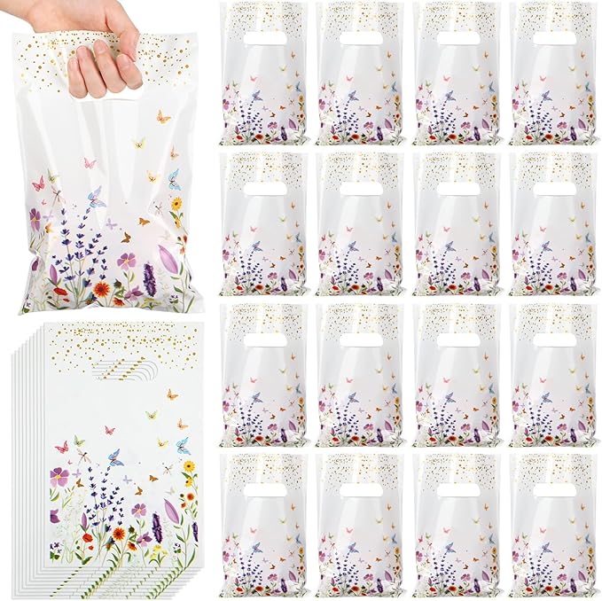 Frienda 100 Pcs Spring Gift Bags with Handles, Wildflower Plastic Treat Bags Spring Party Favor Bag for Candy, Cookies, Snacks and Small Gifts, Floral Goodie Bag for Baby Shower, Wedding