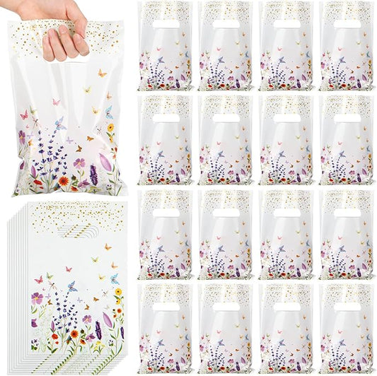 Frienda 100 Pcs Spring Gift Bags with Handles, Wildflower Plastic Treat Bags Spring Party Favor Bag for Candy, Cookies, Snacks and Small Gifts, Floral Goodie Bag for Baby Shower, Wedding