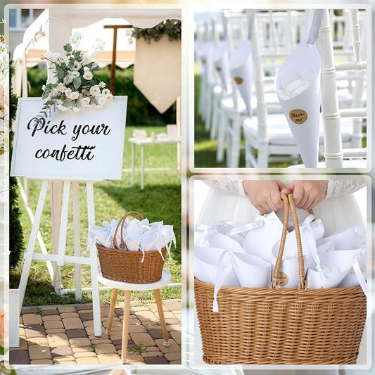 Biodegradable Wedding Confetti 5000 Paper Hydrangea Flower Petals with 60 Throw Me Stickers 60 Biodegradable Cones 1 Basket White Flower Petals for Wedding Ideas Romantic Night Decor