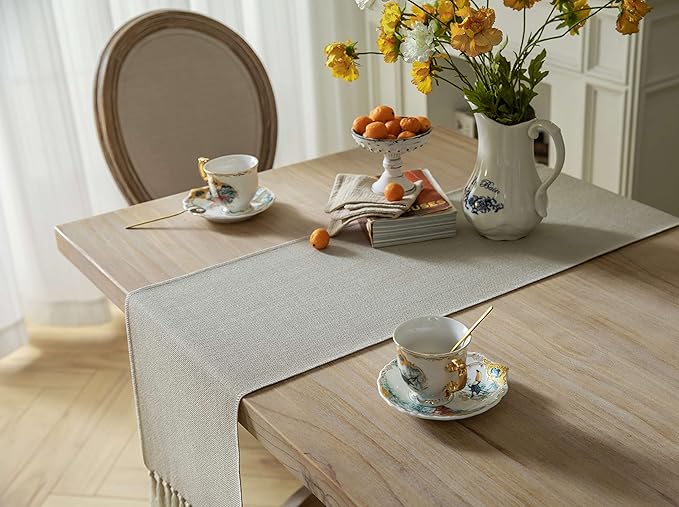 ZeeMart Natural Table Runners 108 Inches Long, Burlap Linen Style Rustic Farmhouse Table Runner, Long Boho Dining Table Runner, 13x108 Inches, Natural