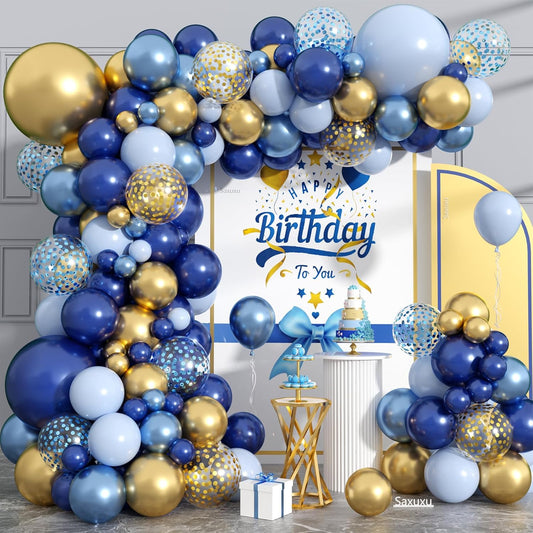 Blue And Gold Balloon Arch Kit, Blue Gold Balloons Garland Arch Kit, Navy Royal Metallic Confetti Balloons For Boy Men Birthday Father's Day Graduation Party Wedding Baby Shower Decorations