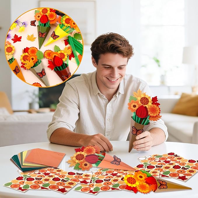 FULAIERGD 32 Set Fall Paper Flower Crafts DIY Autumn Thanksgiving Flower Bouquet Craft Kit-Make Your Own Thankful Florals for Party School Teacher Appreciation Week Thanksgiving Gift