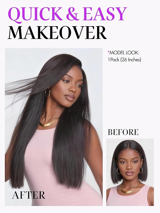 LUVME Yaki Straight Seamless 150g 7Pcs Clip in Hair Extensions, Full Volume with 26 Inch Natural Black, 100% Real Soft Remy Human Hair, Adds Fuller Hair for Daily Wear & Special Occasions