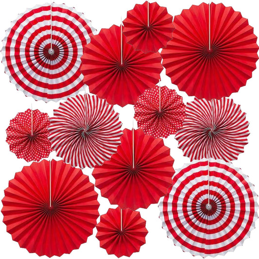 Hanging Paper Fans Set 12PCS Red Party Decorations Round Fan Wall Decor Paper Garlands Flower Decorative for Birthday Festival Party Wedding Graduation Events Accessories