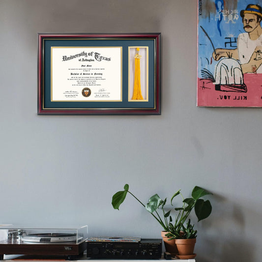 GraduationMall 11x17 Cherry Wood Diploma Frame with Tassel Holder for 8.5x11 Certificate Document,Real Glass,Navy Blue over Gold Mat