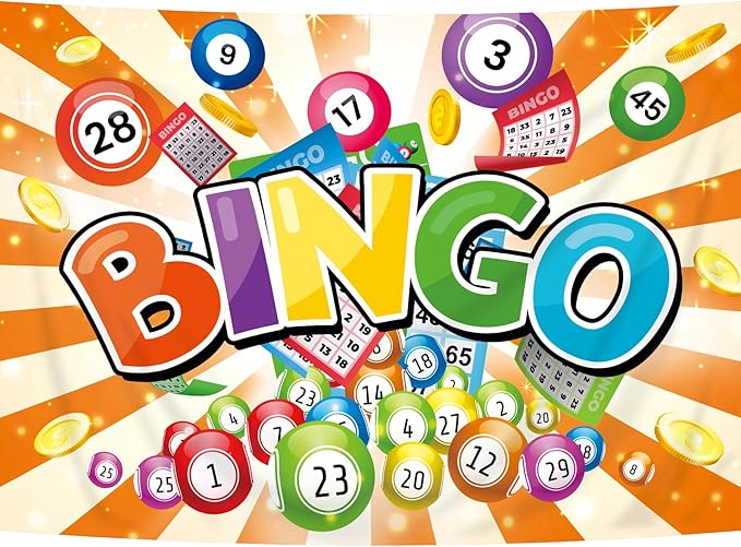 Homewelle Bingo Night Orange Colorful Backdrop 7Wx5H Feet Polyester Fabric Gaming Gamer Game Time Cards Contest Casino Decoration Winning Snooker Ball Winner Photography Background Photo Shoot Props