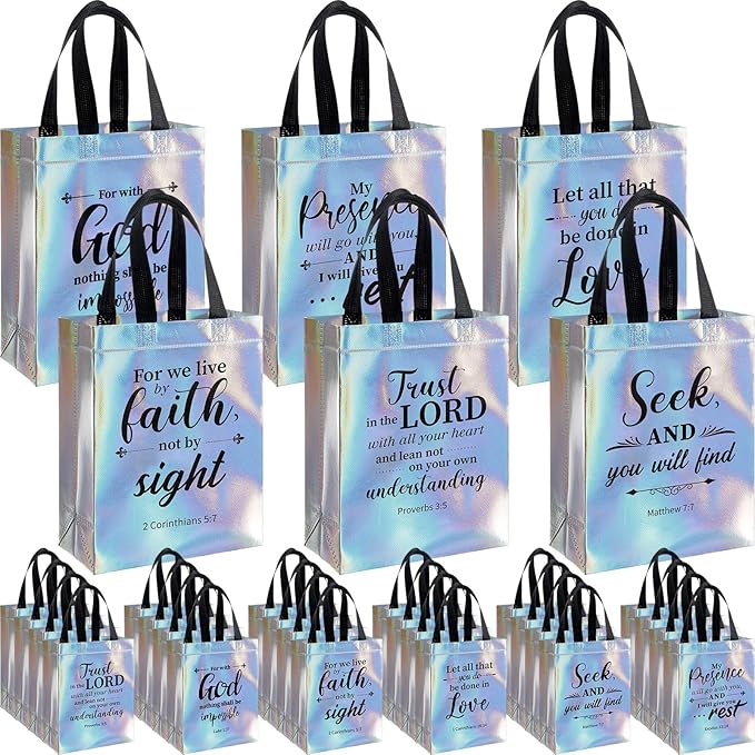 HunnmingRe 24 Pcs Religious Gift Bags Bulk, Non Woven Christian Bible Verse Gift Bags with Handle, Reusable Religious Iridescent Tote Bag for Easter Baptism Catholic Party Favors Gifts Wrapping