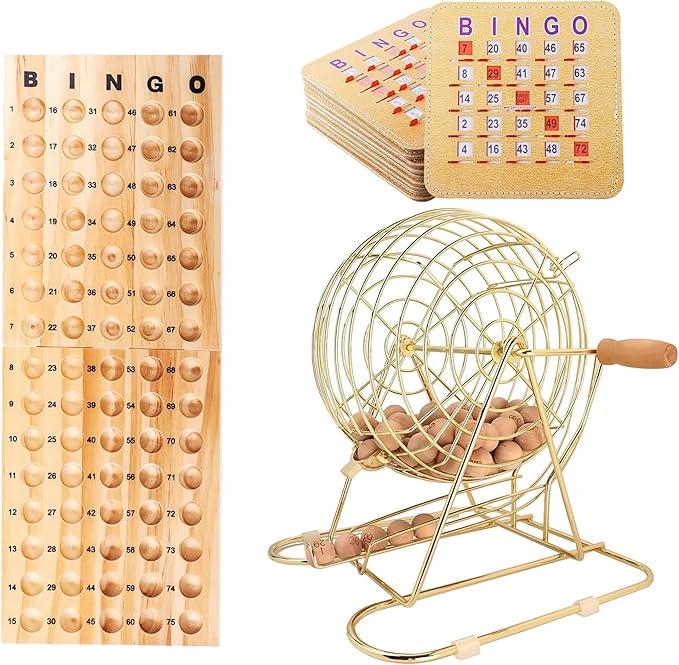 GSE Games & Sports Expert Deluxe Bingo Game Set with Large Brass Cage, 10 Shutter Slide Bingo Cards, Wood Master Board & 7/8" Calling Balls for Large Groups, Parties, Game Night