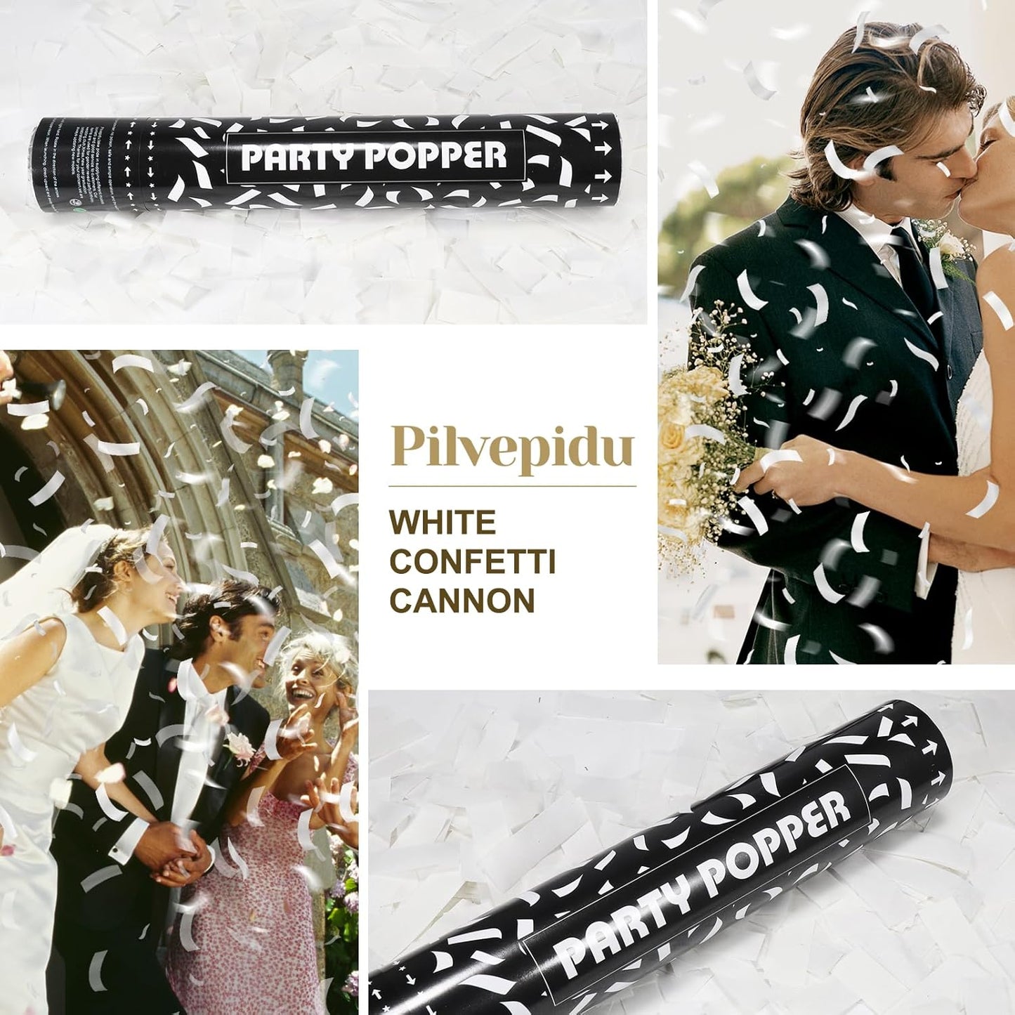 White Confetti Cannon 6Pcs,Confetti Poppers Party Shooter 12inch Wedding Poppers For Birthday,Indoor Party,Celebrations,Photo Shoots and New Years