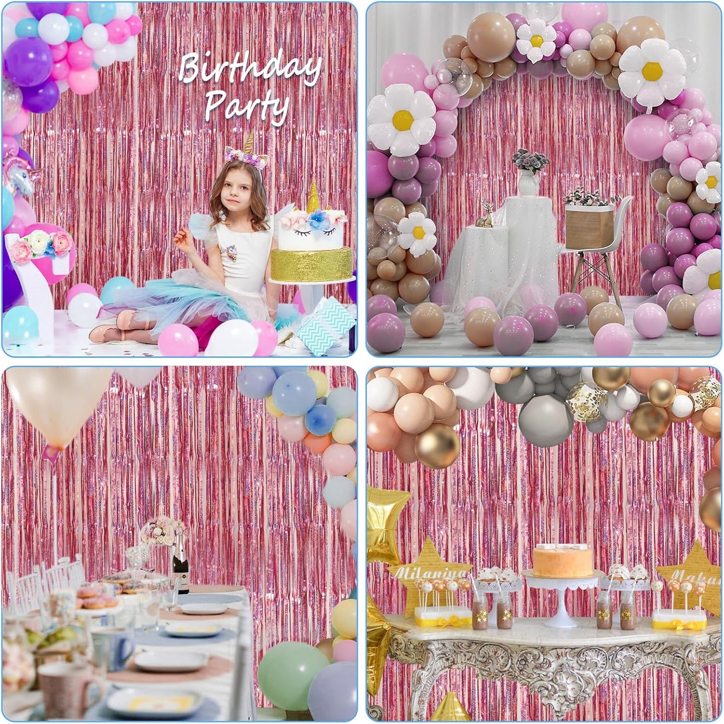 Accevo Pink Party Streamers 3Pack Glitter Foil Fringe Curtain 3.2ft x 8.2ft Pink Party Decor Photo Booth Streamers Metallic Tinsel Door Streamer for Valentines Day Decorations Christening Party Decor