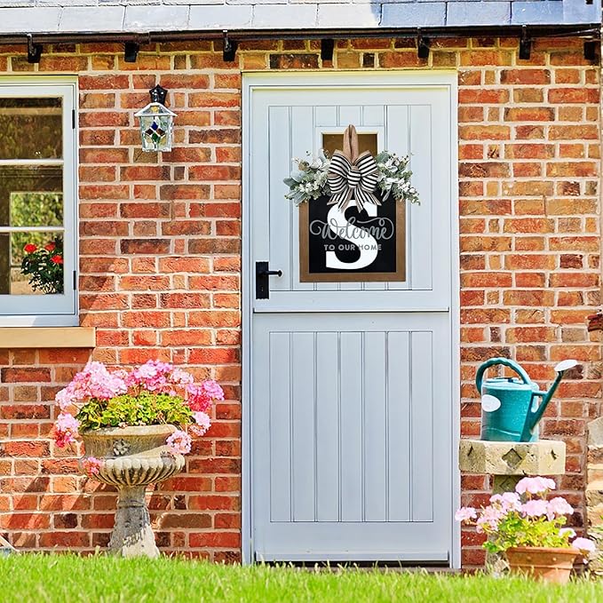 Last Name Year Round Front Door Wreath Front Porch Decoration 26 Letter Welcome Sign with Eucalyptus Garland and Bow Spring Wreaths for Front Door Outside Hanger Garland（S）