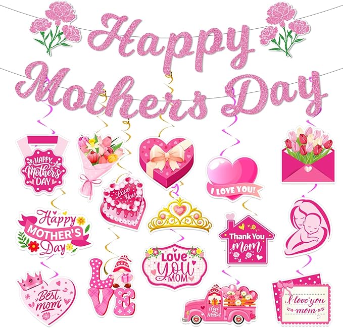 Mother’s Day Decorations Set – Happy Mother’s Day Banner with Floral Garland, Hanging Swirls, and Heart & Flower Cutouts for Mother’s Day Party, Home Décor, and Photo Backdrop