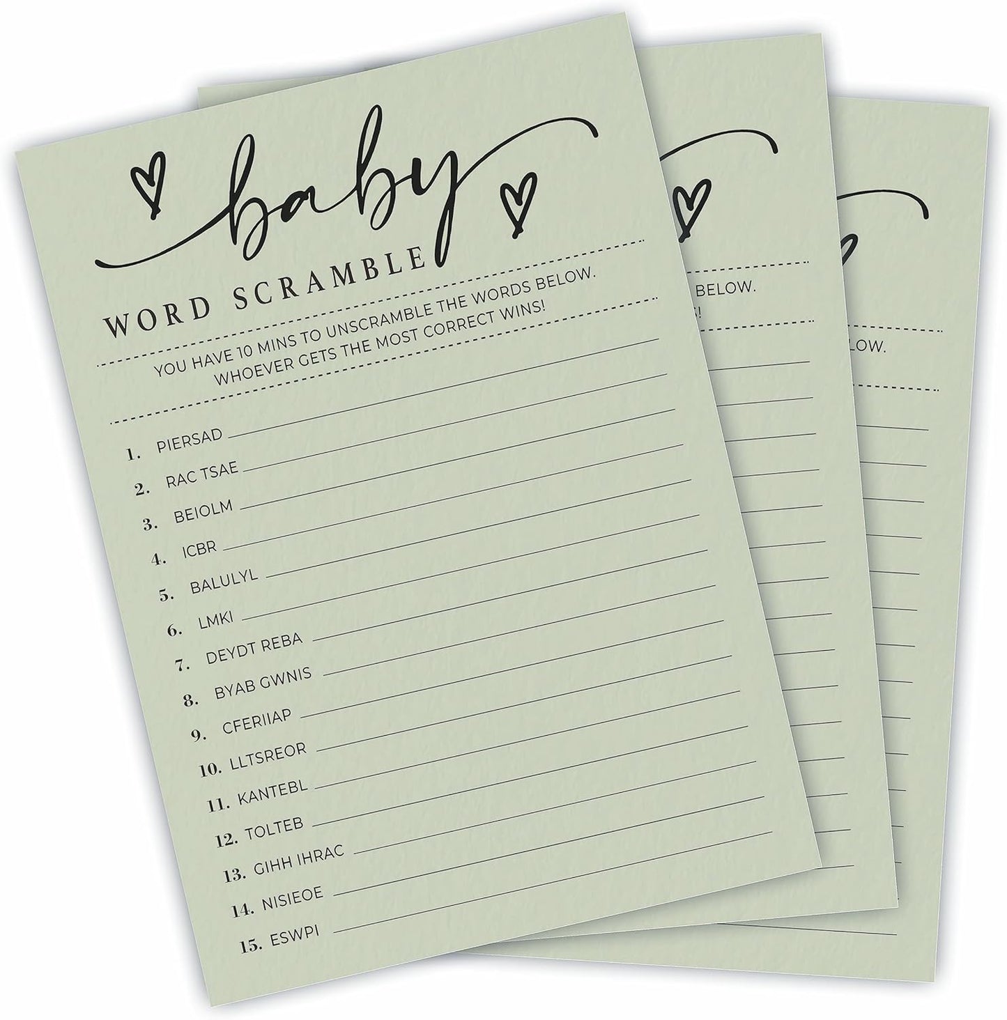 Baby Shower Word Scramble Game Cards - Minimalism Moss Green Party Game & Activity - 5"X7" Game Cards, Gender Reveal Game - Baby Shower Party Favors & Decorations (Pack Of 30 & 1 Answer Cards)-B08