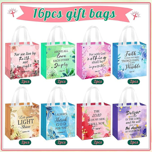HunnmingRe 16 Pcs Christian Gift Bags Bulk, Easter Reusable Flower Religious Bible Verse Tote with Handles Non Woven Scripture Pastor Blessing Gift for Baptism Church Wedding Favors