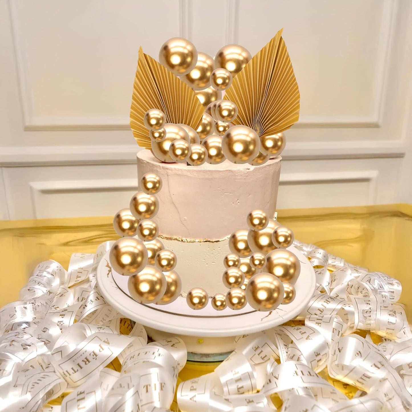 Ephlyn 28Pcs Paper Palm Fan Cake Topper Balls Cake Pick for Baby Shower Wedding Bridal Shower Birthday Party Cake Decorations Supplies Gold