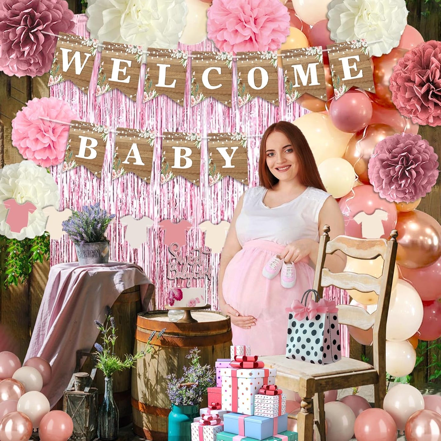 Dusty Pink Baby Shower Decoration, Girl Baby Shower Decor Set with Welcome Baby Banner, Sweet Baby-girl Cake Topper,Tissue Pom Poms,Retro Blush Rosegold Balloon,Boho Baby Gril Shower Party Supplies