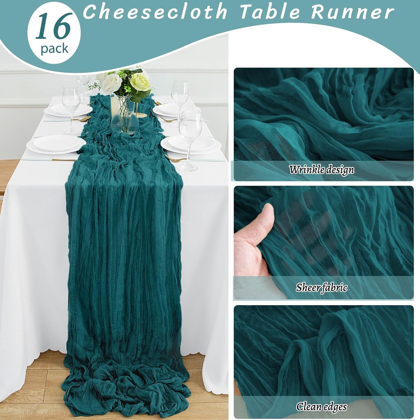 16Pack Teal Cheesecloth Table Runner 10FT Cheese Cloth Table Runner 35x120Inch Long Boho Table Runners Rustic Gauze Table Runners for Party Wedding Bridal Shower Baby Shower Decorations