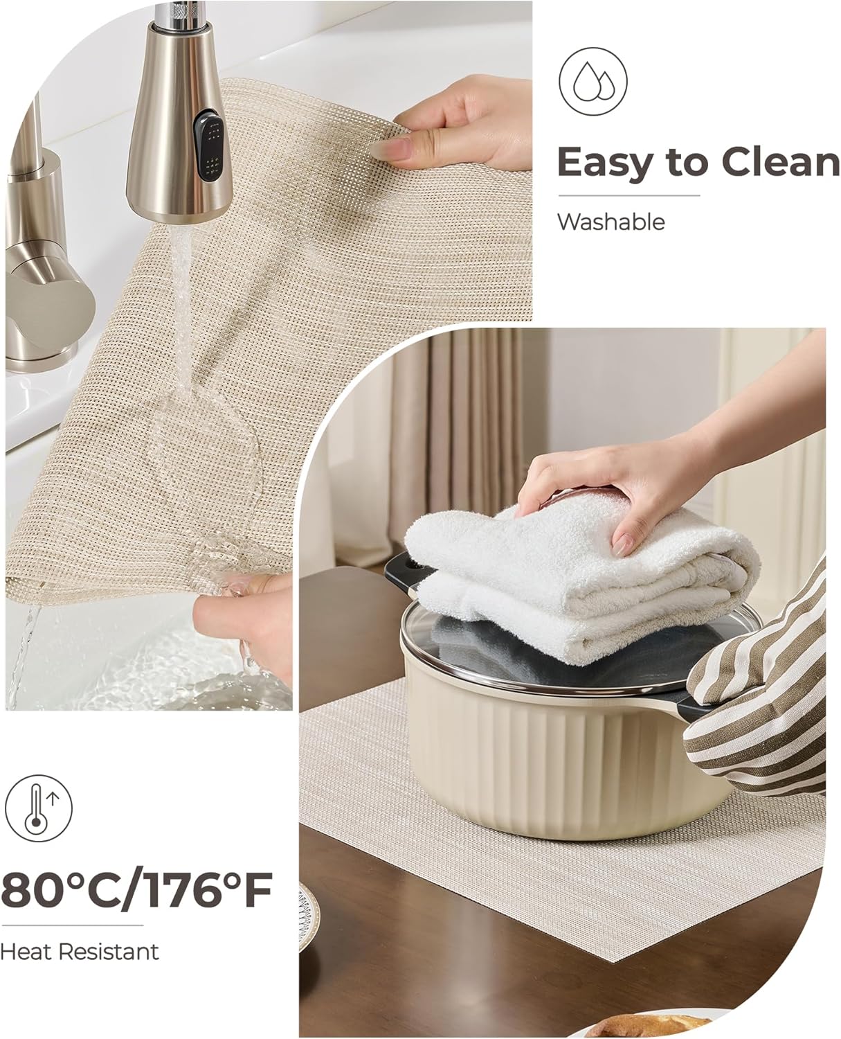 Leetaltree Beige White Placemats Set of 24 - Heat Resistant Non-Slip Place mats for Dining Table, Washable Durable PVC Vinyl Woven Table Mats（Beige White, 24）