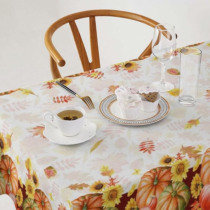 Autumn Thanksgiving Pumpkin Tablecloth, Vintage Retro Maple Leaves Watercolor Yellow Sunflower Fall Harvest Table Cover for Party Picnic Dinner Kitchen 60x110 Inch Rectangle