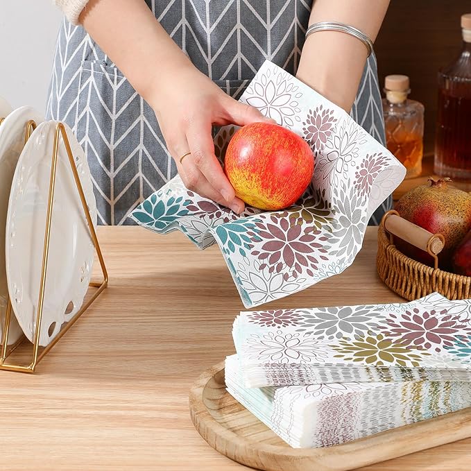 Karenhi 200 Pcs Floral Hand Paper Towel 2 Ply Dahlia Flower Guest Napkins Spring Guest Paper Napkins for Bathroom Disposable Hand Towels for Wedding Bridal Baby Shower Birthday