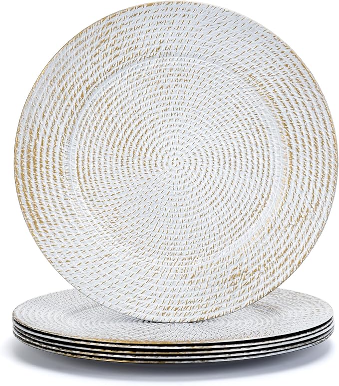 13" White Round Charger Plates Set of 6, Plastic Rattan Chargers for Dinner Plate, Festival Tabletop Decor Table Setting Centerpiece Bulk Event, Party
