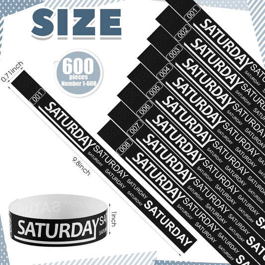 Henoyso 600 Pcs Saturday Paper Wristbands Event Admission Paper Bracelets Numbered Waterproof Party Armbands for Events Day of The Week(Black)