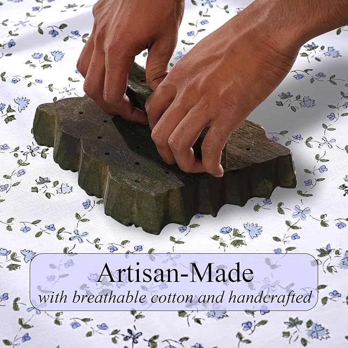 Ridhi Hand Block Print Powder Blue Rectangle Cotton Tablecloth 120" x 60" Reusable Table Cover Decorative Everyday Use for Dining, Farmhouse, Home Gift for Spring, Easter, Valentine