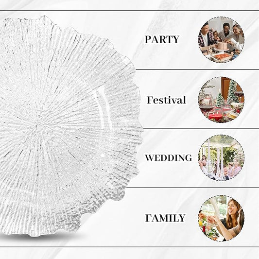 MAONAME 13" Clear Charger Plates, Round Reef Chargers for Dinner Plates, Plastic Plate Chargers for Table Setting, Wedding Decor, Set of 8