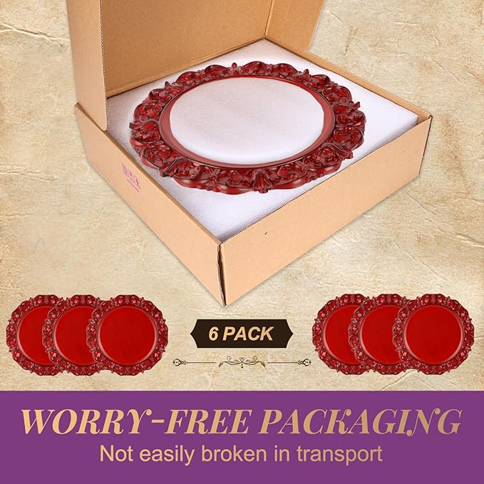 Gifturbo 13" Antique Red Charger Plate Set of 6, Chargers for Dinner Plates with Embossed Rims, Round Plastic Plate Chargers for Christmas, Wedding, Elegant Tableware Decoration