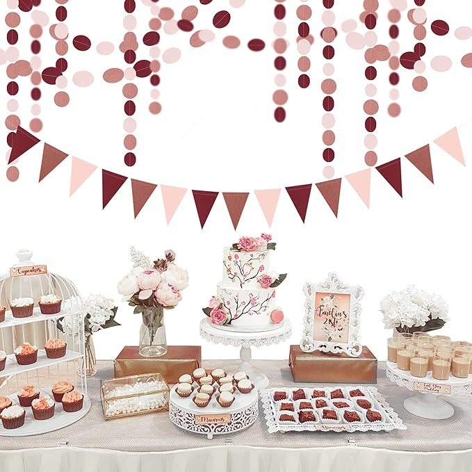 Rose-Gold Pink Burgundy Party Decorations - 52Ft Paper Streamers Women Girl Birthday Garland Baby Bridal Shower Banner Bachelorette Engagement Wedding Mothers Day Valentines Decor HongTongTong