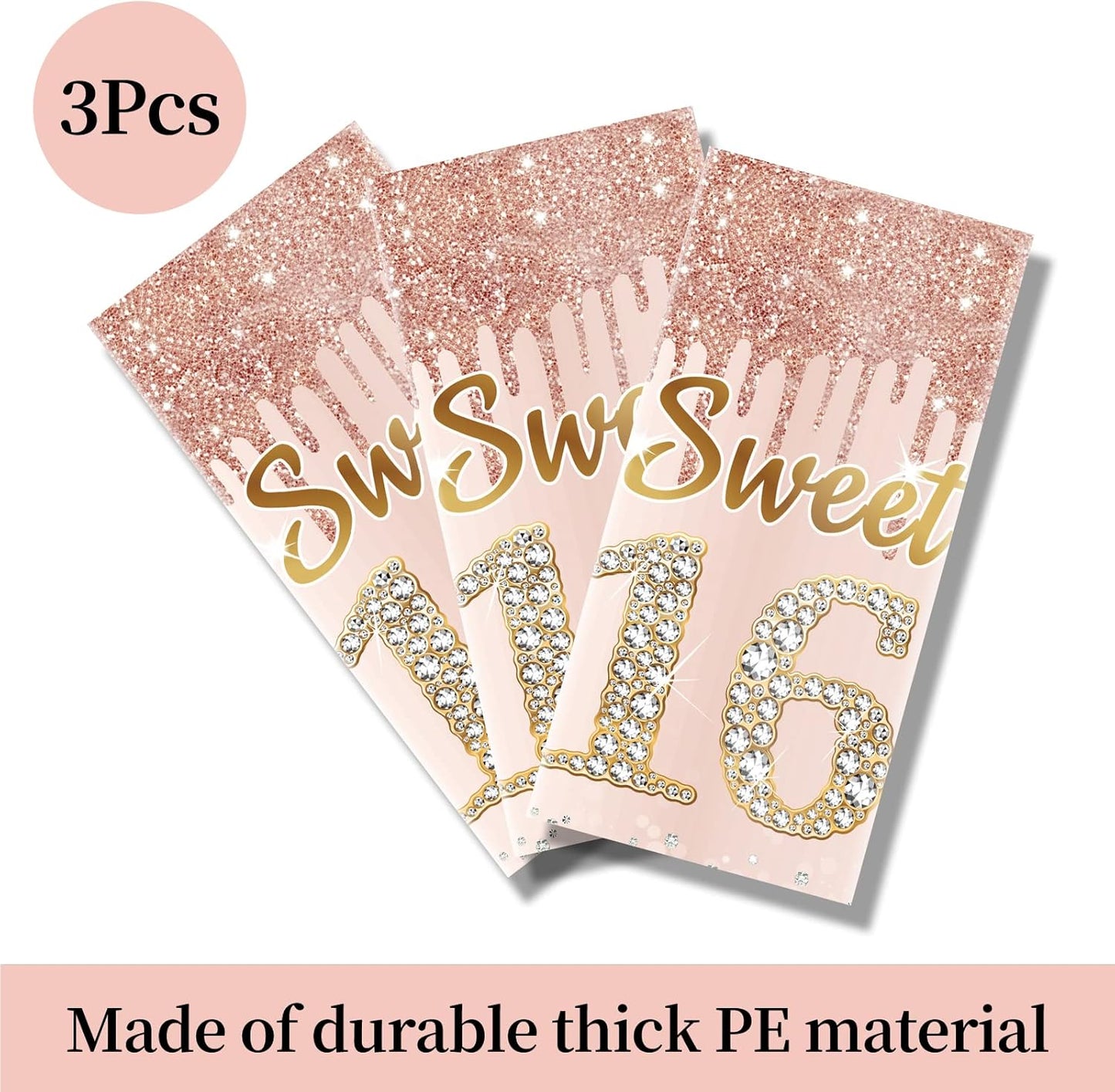 Sweet 16 Pink Rose Gold Birthday Tablecloth Decorations - 3 Pack, Sixteen Year Plastic Disposable Rectangular Table Cloth Decor