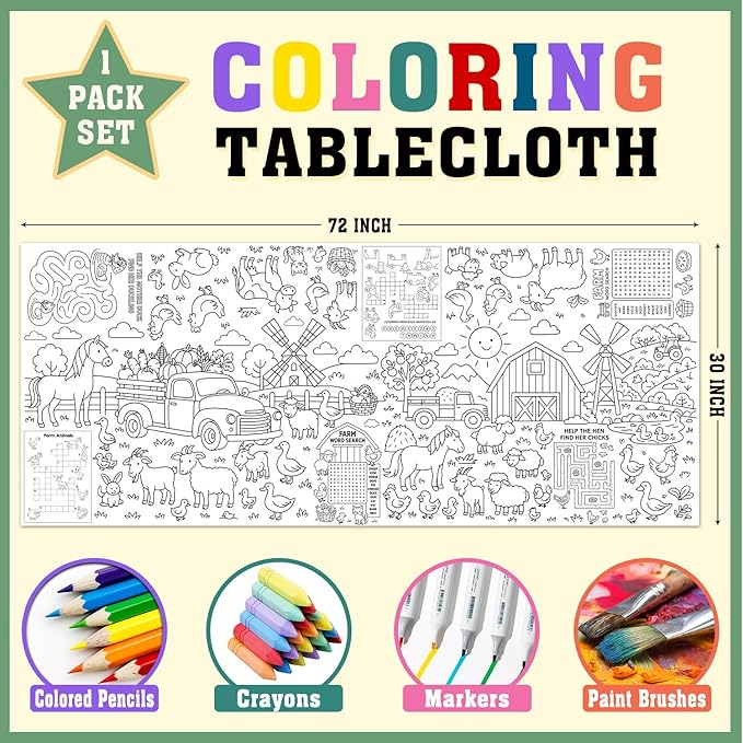 Farm Animal Party Giant Coloring Poster - Large Coloring Tablecloth Animals 31x72 Inch, Versatile Classroom Wall Decor, Birthday Activity, Farm Poster Table Cover for School Parties and Special Events