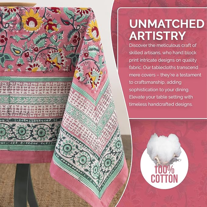 Labhanshi Indian Hand Block Print Table Cloth|French Floral 10 Seater 72x135 Inches Rectangle Cotton Table Cover|Spring Easter Patio Dining Tablecloth|Garden Tea Party Table Decor|Pink Sparkles