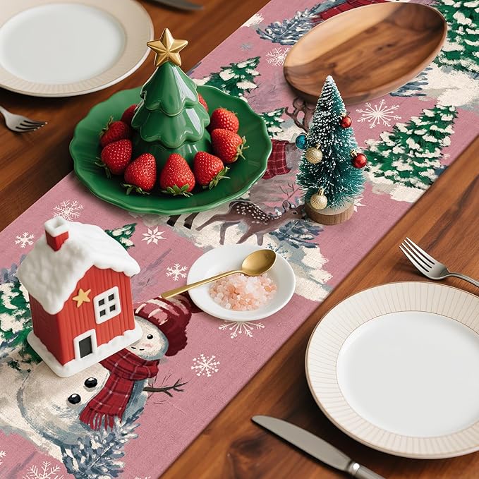 Artscope Reindeer Snowman Christmas Tree Table Runner, Xmas Winter Snowflakes Holiday Kitchen Dining Table Decoration for Christmas Home Party Decor 13x72 Inch-Pink