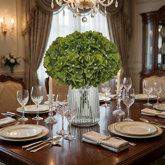 2Bouquets Artificial Fake Flowers Plants Silk Hydrangea Arrangements Wedding Bouquets Decorations Plastic Floral Home Kitchen Garden Party Festival Bar DIY(Olive Green,5 Flower Heads)