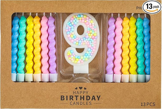 PHD CAKE Number 9 Birthday Candle Macaron Glitter Number Candle with Rainbow Spiral Candles in Holders for Cake Topper, Pastel Sweet Theme Party Decoration