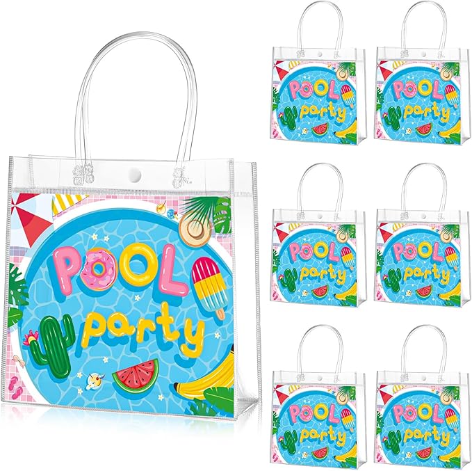 Aliceset 20 Pcs Pool Party Clear Favor Bags with Handles Swimming Themed Waterproof Goodie Bags for Pool Swimming Summer Party Birthday Baby Shower Supplies, 8 x 8 x 3. 15 Inch