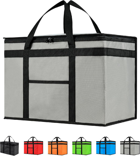 XXL Insulated Cooler Bag and Food Warmer for Delivery & Grocery Shopping with Zippered Top, Gray (1 Pack)