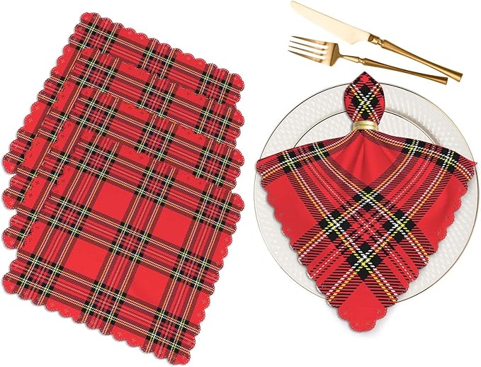 Yibeas Red Plaid Cloth Napkins Set of 4 Traditional Scottish Checkered Tartan Pattern in Classic Colors Polyester Kitchen Dinner Napkins for Holiday Festive Wedding Decor 18 x 18 inch