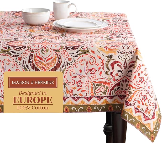 Maison d' Hermine Table Cloth Rectangle Table 100% Cotton 70 x 120 Inches Fall Tablecloth Reusable Everyday Use for Thanksgiving Christmas Decorations Dining Farmhouse Party (Damask)