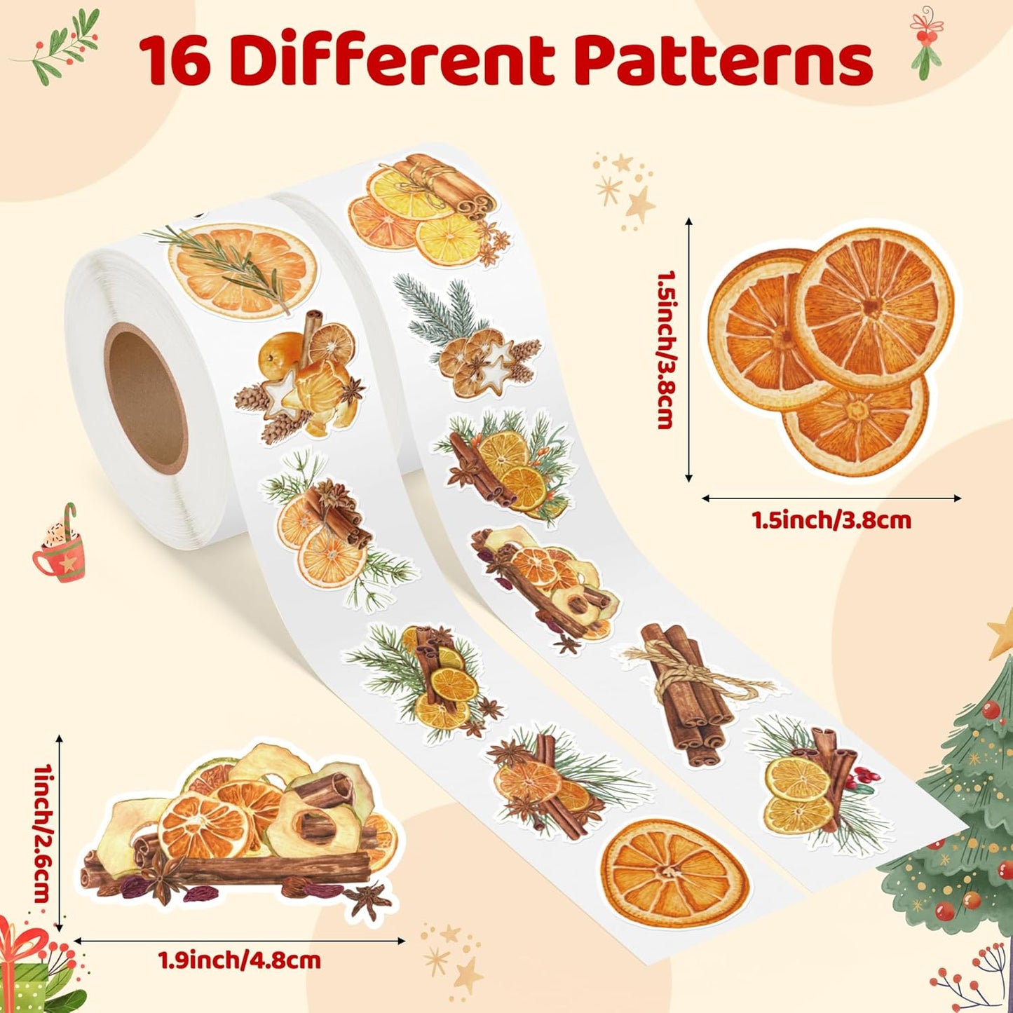 Christmas Watercolor Orange Sticker - 16 Dried Orange Designs Waterproof Vinyl with Removable Adhesive for Gift Wrapping, Scrapbooking, Kids Crafts, Water Bottle Laptop Decor Party Favors