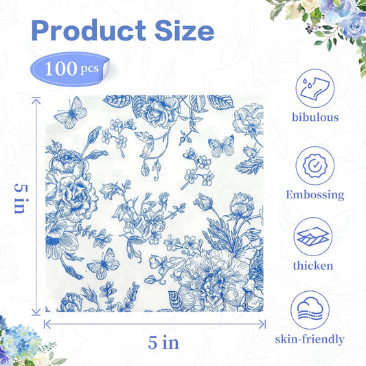 100Pcs Blue Floral Napkins Beverage Cocktail Napkin Disposable Blue and White Paper Dinner Napkin Fancy Decorative Hydrangea Flower Guest Hand Towel for Wedding Bridal Baby Shower Tea Birthday Party