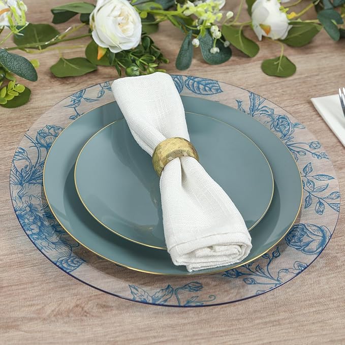Efavormart 6 Pack Floral Acrylic Charger Plates in French Toile Pattern, Clear Light Blue Round Dinner Charger Event Tabletop Decor - 13"
