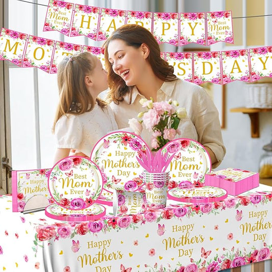 Mothers Day Decorations for Party,170Pcs Mother's Day Tableware Includes Happy Mothers Day Plates and Napkins,Tablecloth,Cups,Forks, Knives,Banner,Best Mom Ever Decoration,Sever 24