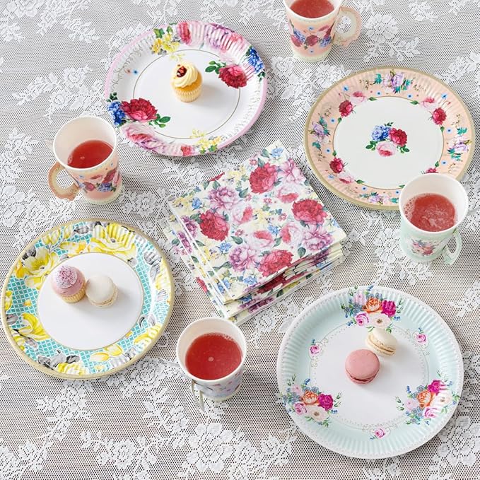 Talking Tables 50pcs Floral Afternoon Tea Party Decorations Tea Party Set Pretty Paper Plates Floral Napkins Tea cups Bunting for Birthday Mother's Day Bridal Shower Baby Shower for 16 Guests