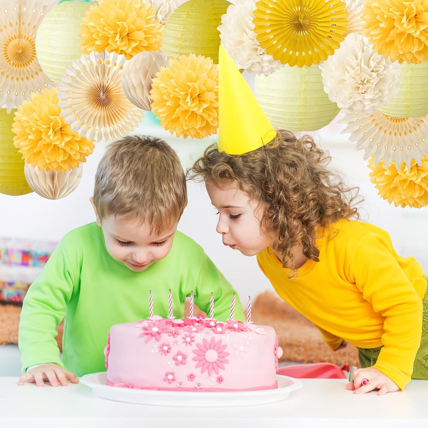 Yellow Party Decorations Yellow and Cream Paper Fans Paper Lanterns Pom Poms Flowers for Baby Shower Birthday Wedding Engagement Party