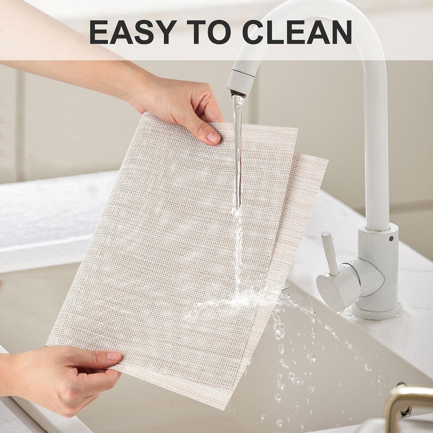 Vinyl Placemats Set of 4, PVC Woven Washable Non-Slip Table Mats, Heat Resistant Wrinkle Free Place Mats for Dining Table, Easy to Clean (4, Beige)